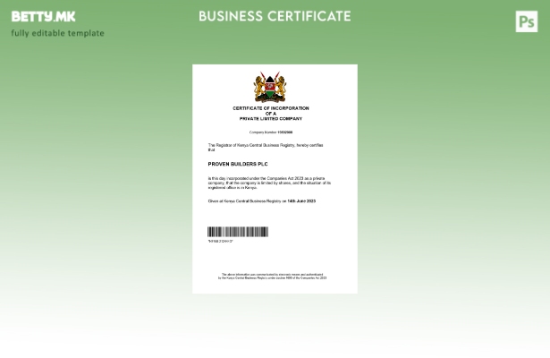 модерен стил Кениски сертификат за регистрација на бизнис Шаблон за Word и PDF